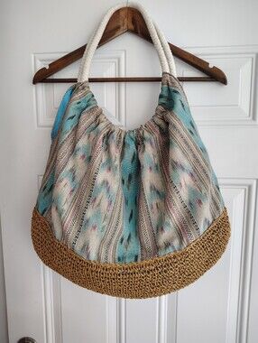 Sun 'N' Sand Boho Ikat Straw Tote Bag Large Turquoise Hobo Rope Handle Beach